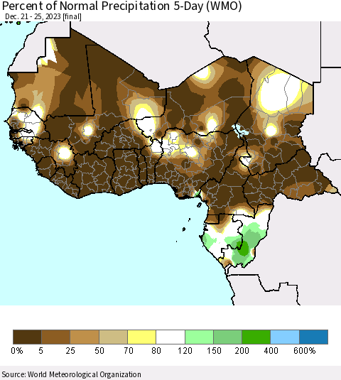 Western Africa Percent of Normal Precipitation 5-Day (WMO) Thematic Map For 12/21/2023 - 12/25/2023