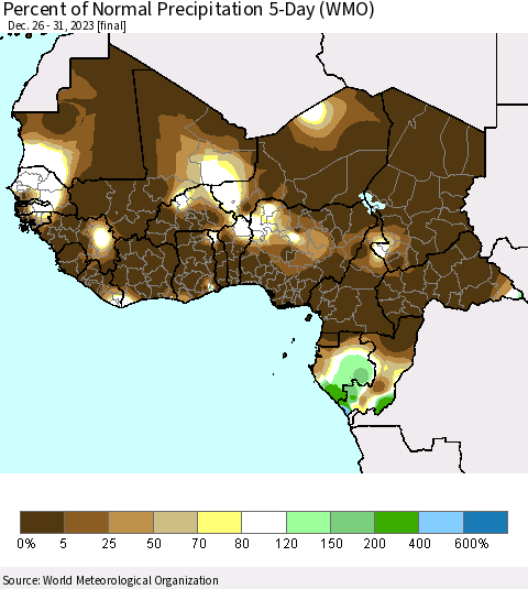 Western Africa Percent of Normal Precipitation 5-Day (WMO) Thematic Map For 12/26/2023 - 12/31/2023
