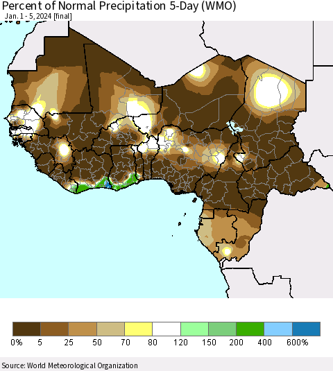 Western Africa Percent of Normal Precipitation 5-Day (WMO) Thematic Map For 1/1/2024 - 1/5/2024