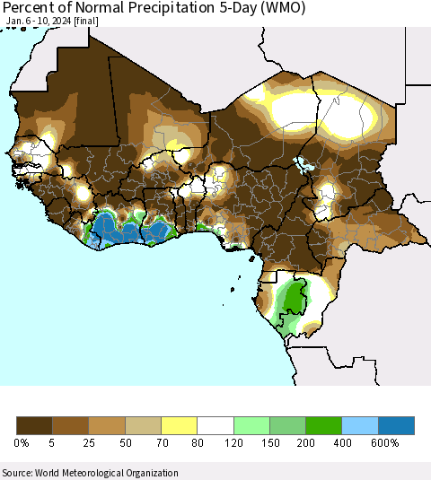 Western Africa Percent of Normal Precipitation 5-Day (WMO) Thematic Map For 1/6/2024 - 1/10/2024