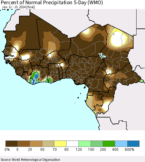 Western Africa Percent of Normal Precipitation 5-Day (WMO) Thematic Map For 1/11/2024 - 1/15/2024