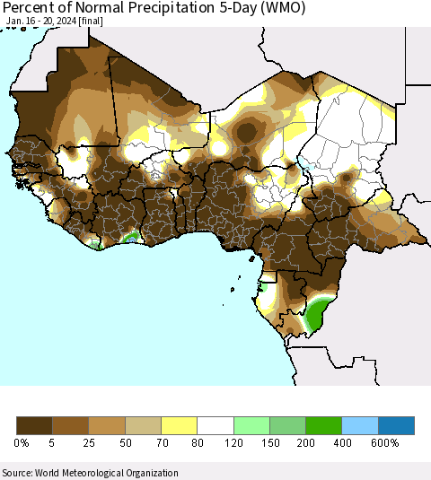 Western Africa Percent of Normal Precipitation 5-Day (WMO) Thematic Map For 1/16/2024 - 1/20/2024