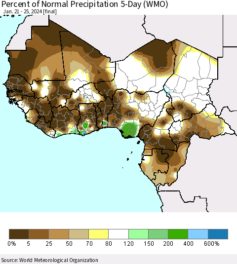 Western Africa Percent of Normal Precipitation 5-Day (WMO) Thematic Map For 1/21/2024 - 1/25/2024