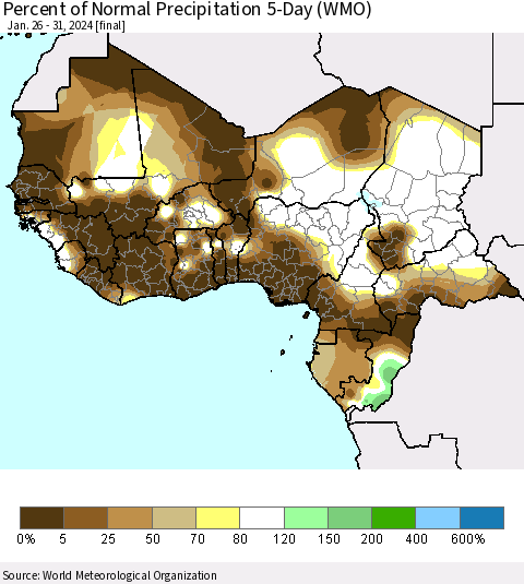 Western Africa Percent of Normal Precipitation 5-Day (WMO) Thematic Map For 1/26/2024 - 1/31/2024