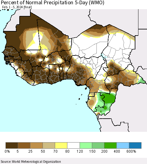 Western Africa Percent of Normal Precipitation 5-Day (WMO) Thematic Map For 2/1/2024 - 2/5/2024