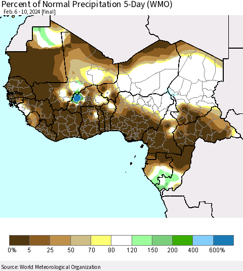 Western Africa Percent of Normal Precipitation 5-Day (WMO) Thematic Map For 2/6/2024 - 2/10/2024