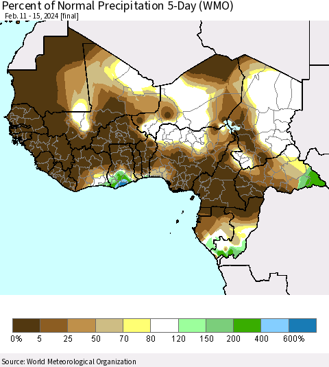 Western Africa Percent of Normal Precipitation 5-Day (WMO) Thematic Map For 2/11/2024 - 2/15/2024
