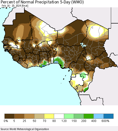 Western Africa Percent of Normal Precipitation 5-Day (WMO) Thematic Map For 2/16/2024 - 2/20/2024