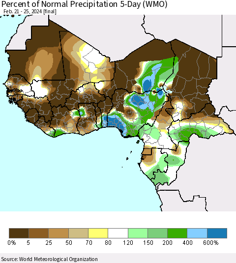 Western Africa Percent of Normal Precipitation 5-Day (WMO) Thematic Map For 2/21/2024 - 2/25/2024