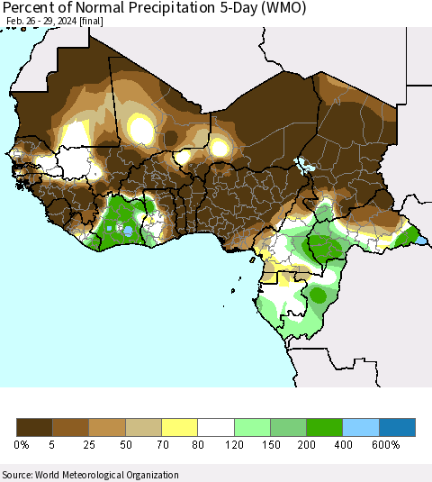 Western Africa Percent of Normal Precipitation 5-Day (WMO) Thematic Map For 2/26/2024 - 2/29/2024