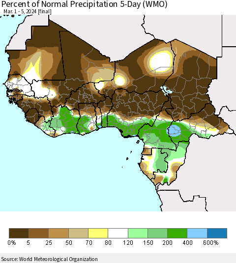 Western Africa Percent of Normal Precipitation 5-Day (WMO) Thematic Map For 3/1/2024 - 3/5/2024