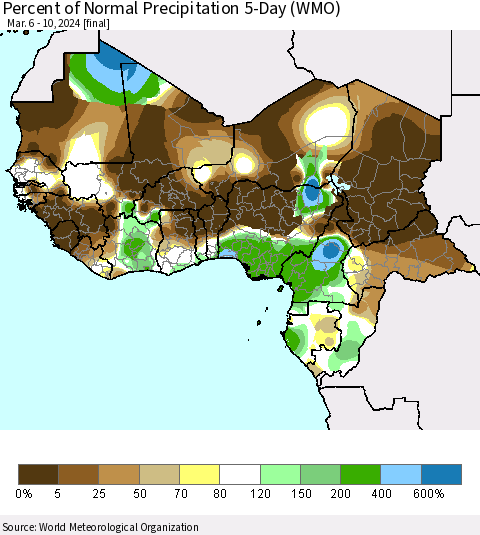 Western Africa Percent of Normal Precipitation 5-Day (WMO) Thematic Map For 3/6/2024 - 3/10/2024