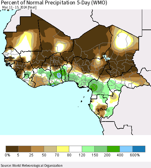 Western Africa Percent of Normal Precipitation 5-Day (WMO) Thematic Map For 3/11/2024 - 3/15/2024