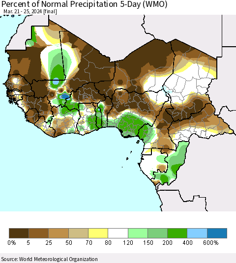 Western Africa Percent of Normal Precipitation 5-Day (WMO) Thematic Map For 3/21/2024 - 3/25/2024