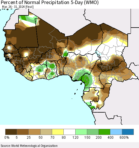 Western Africa Percent of Normal Precipitation 5-Day (WMO) Thematic Map For 3/26/2024 - 3/31/2024