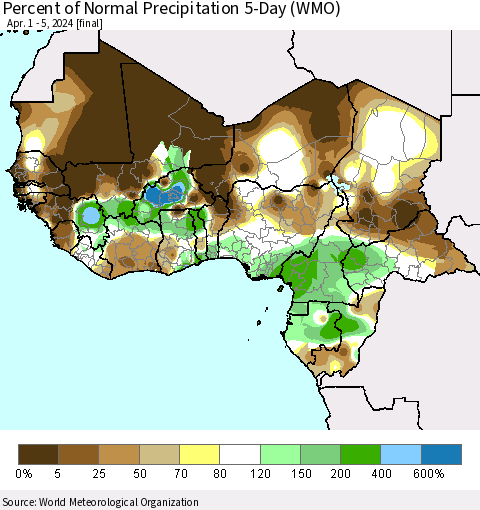Western Africa Percent of Normal Precipitation 5-Day (WMO) Thematic Map For 4/1/2024 - 4/5/2024