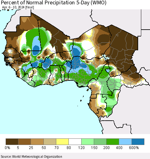 Western Africa Percent of Normal Precipitation 5-Day (WMO) Thematic Map For 4/6/2024 - 4/10/2024