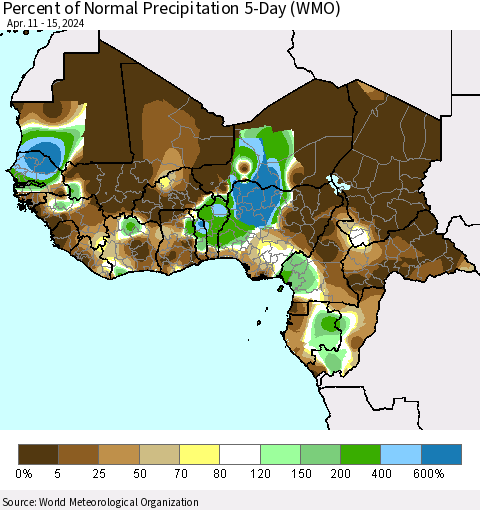 Western Africa Percent of Normal Precipitation 5-Day (WMO) Thematic Map For 4/11/2024 - 4/15/2024