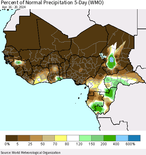 Western Africa Percent of Normal Precipitation 5-Day (WMO) Thematic Map For 4/16/2024 - 4/20/2024