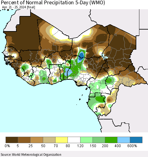 Western Africa Percent of Normal Precipitation 5-Day (WMO) Thematic Map For 4/21/2024 - 4/25/2024
