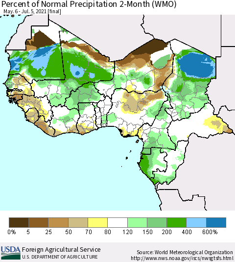 Western Africa Percent of Normal Precipitation 2-Month (WMO) Thematic Map For 5/6/2021 - 7/5/2021