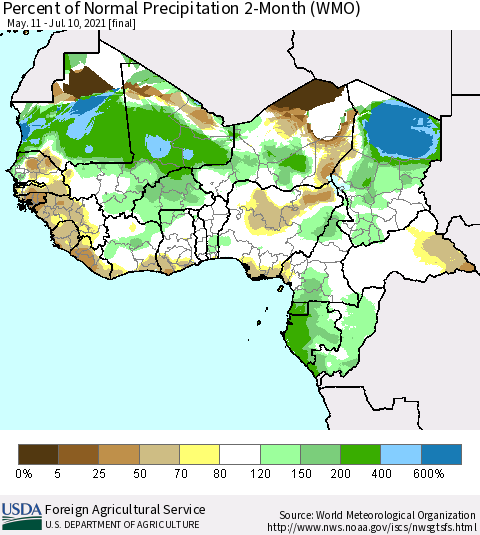 Western Africa Percent of Normal Precipitation 2-Month (WMO) Thematic Map For 5/11/2021 - 7/10/2021