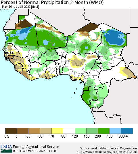 Western Africa Percent of Normal Precipitation 2-Month (WMO) Thematic Map For 5/16/2021 - 7/15/2021