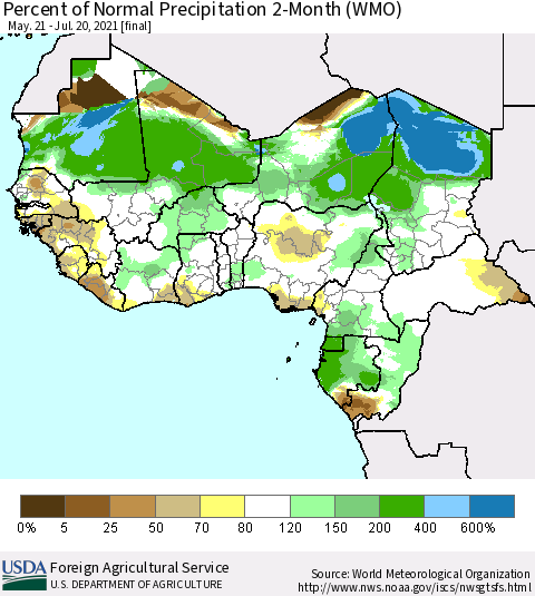 Western Africa Percent of Normal Precipitation 2-Month (WMO) Thematic Map For 5/21/2021 - 7/20/2021