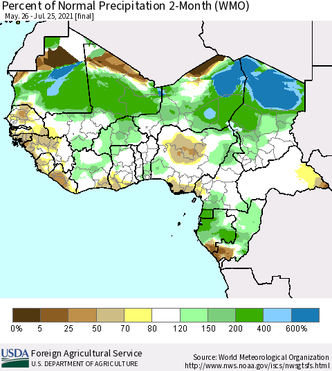 Western Africa Percent of Normal Precipitation 2-Month (WMO) Thematic Map For 5/26/2021 - 7/25/2021