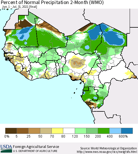 Western Africa Percent of Normal Precipitation 2-Month (WMO) Thematic Map For 6/1/2021 - 7/31/2021