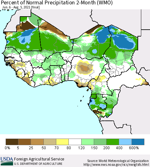 Western Africa Percent of Normal Precipitation 2-Month (WMO) Thematic Map For 6/6/2021 - 8/5/2021