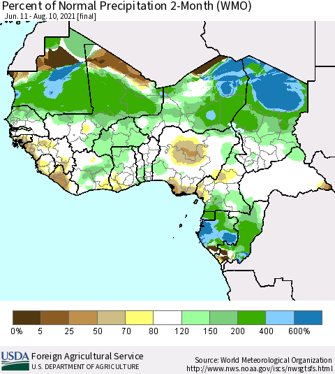Western Africa Percent of Normal Precipitation 2-Month (WMO) Thematic Map For 6/11/2021 - 8/10/2021