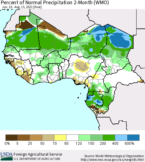 Western Africa Percent of Normal Precipitation 2-Month (WMO) Thematic Map For 6/16/2021 - 8/15/2021