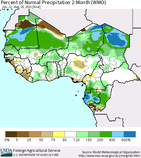 Western Africa Percent of Normal Precipitation 2-Month (WMO) Thematic Map For 6/21/2021 - 8/20/2021