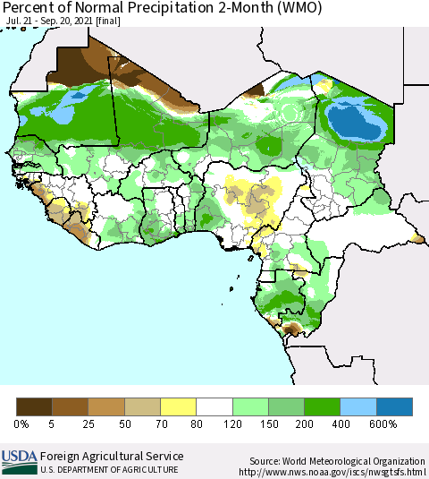 Western Africa Percent of Normal Precipitation 2-Month (WMO) Thematic Map For 7/21/2021 - 9/20/2021