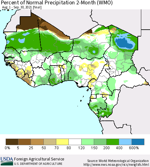 Western Africa Percent of Normal Precipitation 2-Month (WMO) Thematic Map For 8/1/2021 - 9/30/2021