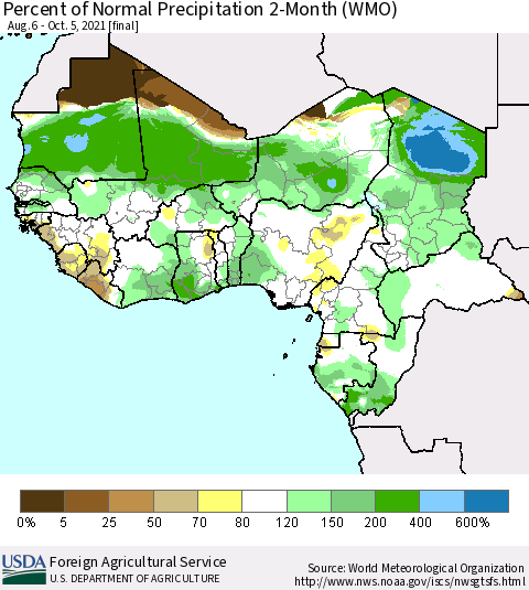 Western Africa Percent of Normal Precipitation 2-Month (WMO) Thematic Map For 8/6/2021 - 10/5/2021
