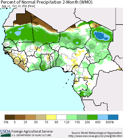 Western Africa Percent of Normal Precipitation 2-Month (WMO) Thematic Map For 8/11/2021 - 10/10/2021