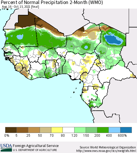 Western Africa Percent of Normal Precipitation 2-Month (WMO) Thematic Map For 8/16/2021 - 10/15/2021