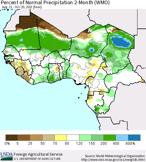 Western Africa Percent of Normal Precipitation 2-Month (WMO) Thematic Map For 8/21/2021 - 10/20/2021