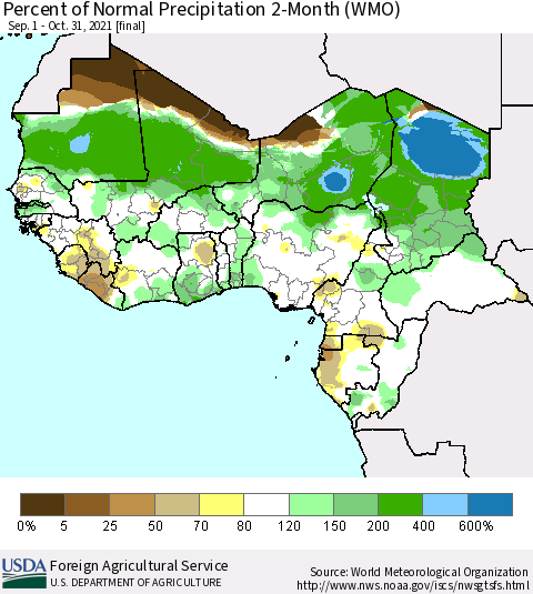 Western Africa Percent of Normal Precipitation 2-Month (WMO) Thematic Map For 9/1/2021 - 10/31/2021