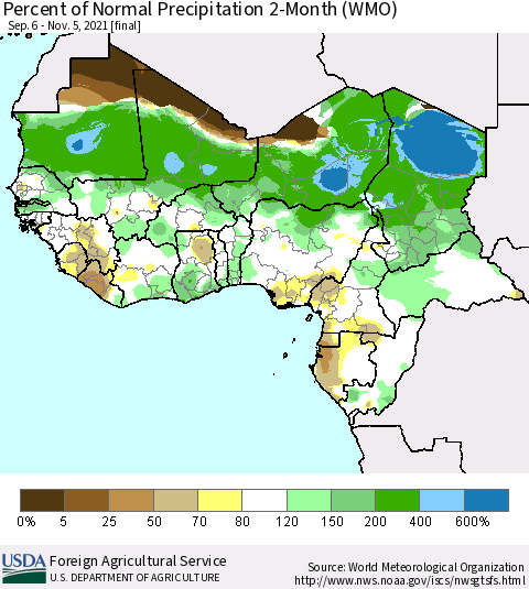 Western Africa Percent of Normal Precipitation 2-Month (WMO) Thematic Map For 9/6/2021 - 11/5/2021