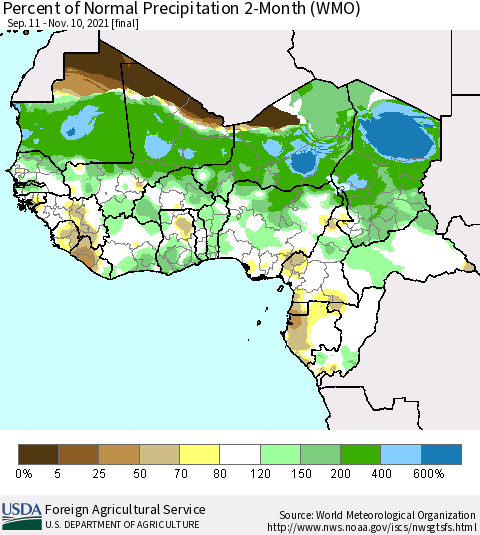 Western Africa Percent of Normal Precipitation 2-Month (WMO) Thematic Map For 9/11/2021 - 11/10/2021