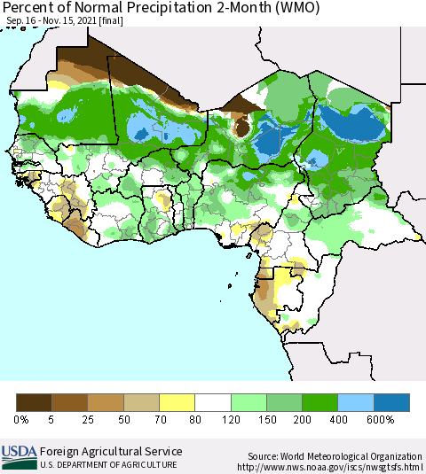 Western Africa Percent of Normal Precipitation 2-Month (WMO) Thematic Map For 9/16/2021 - 11/15/2021