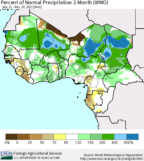 Western Africa Percent of Normal Precipitation 2-Month (WMO) Thematic Map For 9/21/2021 - 11/20/2021