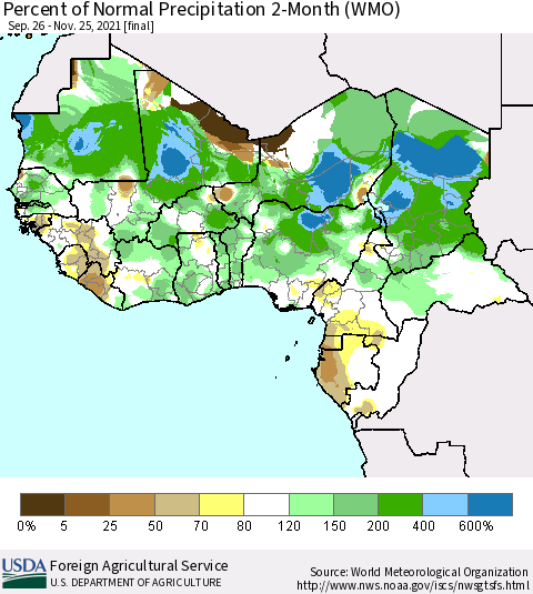 Western Africa Percent of Normal Precipitation 2-Month (WMO) Thematic Map For 9/26/2021 - 11/25/2021