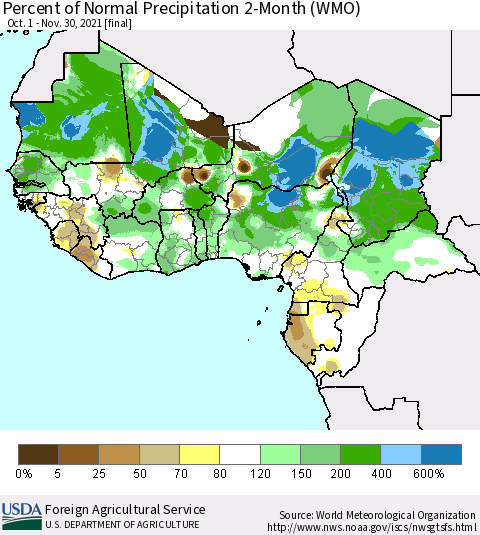 Western Africa Percent of Normal Precipitation 2-Month (WMO) Thematic Map For 10/1/2021 - 11/30/2021