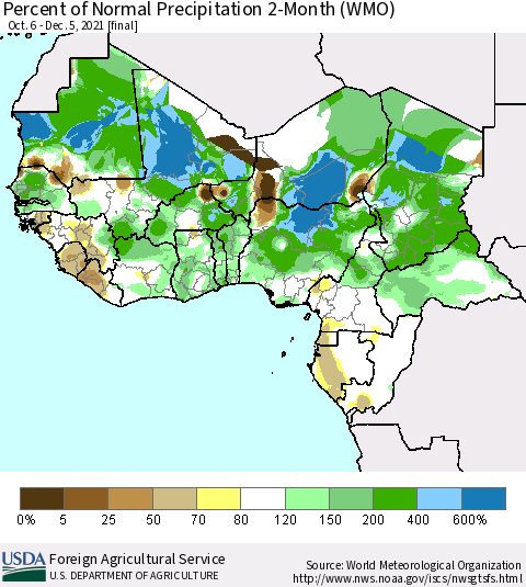 Western Africa Percent of Normal Precipitation 2-Month (WMO) Thematic Map For 10/6/2021 - 12/5/2021
