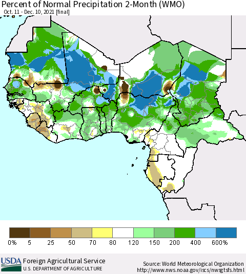 Western Africa Percent of Normal Precipitation 2-Month (WMO) Thematic Map For 10/11/2021 - 12/10/2021