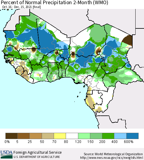 Western Africa Percent of Normal Precipitation 2-Month (WMO) Thematic Map For 10/16/2021 - 12/15/2021